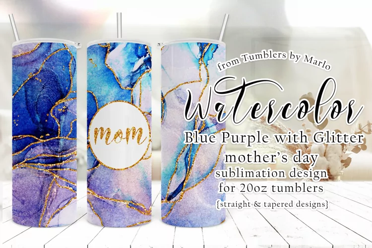 Blue Purple Watercolor Gold Glitter 20oz Mom Tumbler