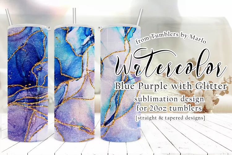 Blue Purple Watercolor Gold Glitter 20oz Tumbler Sublimation