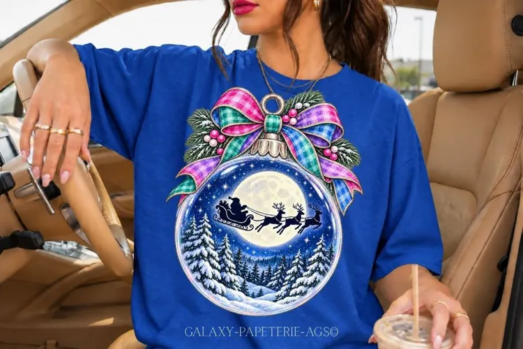 Blue Santa Sleigh Ornament PNG with Full Moon