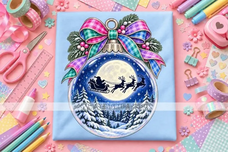 Blue Santa Sleigh Ornament PNG with Full Moon