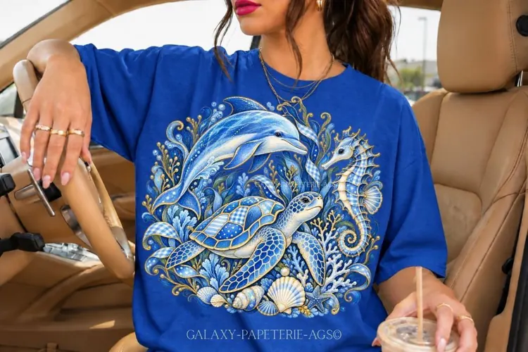 Blue Sea Turtle PNG with Dolphin and Seahorse