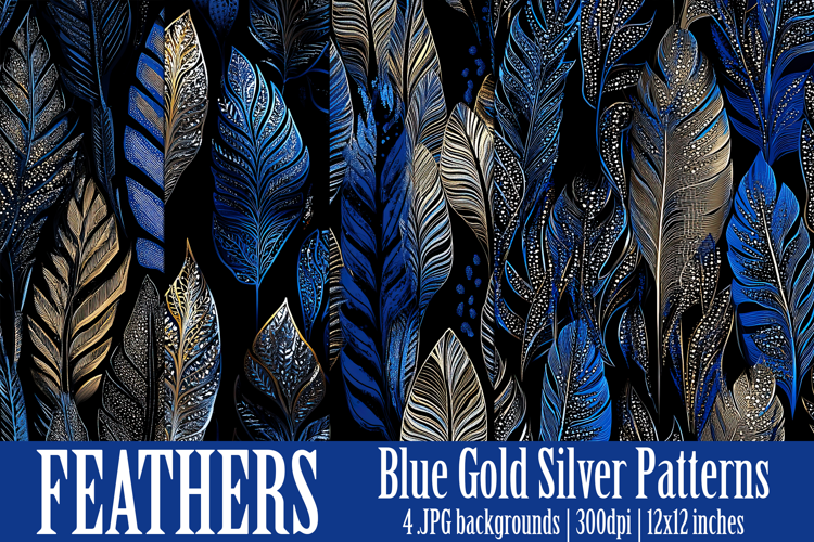 Feather Patterns, Blue Gold Silver Feathers Patterns, s1