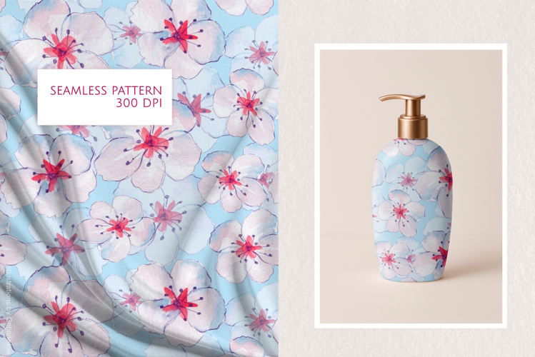 Blue Spring Blossom Watercolor Seamless Pattern