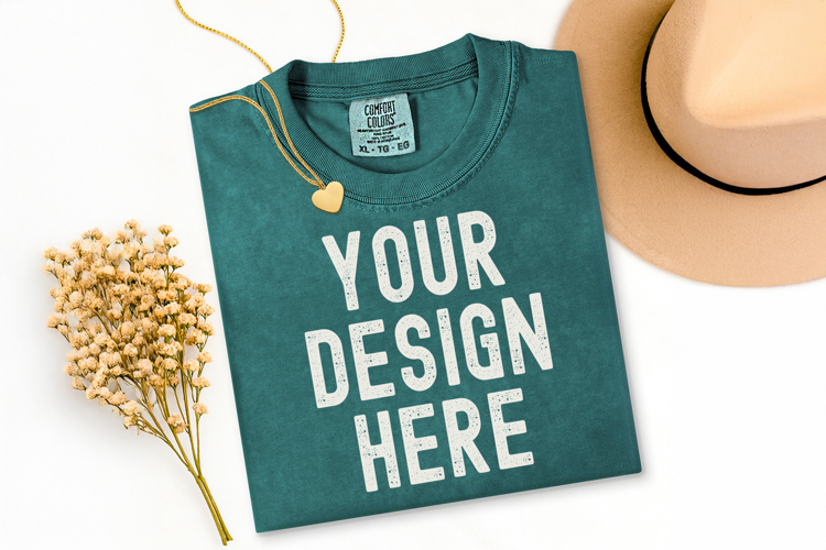 Comfort Colors C1717 Blue Spruce Shirt Mockup, Flat Lay
