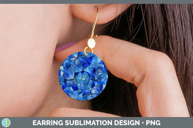 Blue Stained Glass Round Earrings Sublimation Earrings Desig