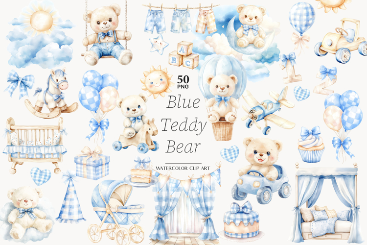 Blue Teddy Bear Clipart | Baby Boy Shower | Birthday Bear