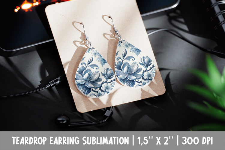 Magnolia Earring Sublimation | Blue Toile Floral Teardrop
