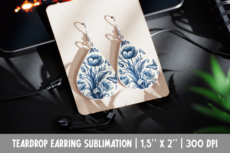 Tulip Floral Earring Sublimation Blue Butterfly Teardrop