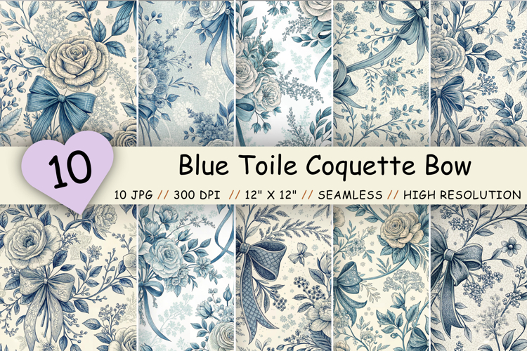 Blue Toile Coquette Bow Seamless Pattern, French Floral