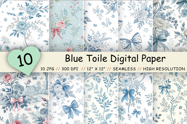 Blue Toile Digital Paper, Coquette Bow Patterns, Preppy Back