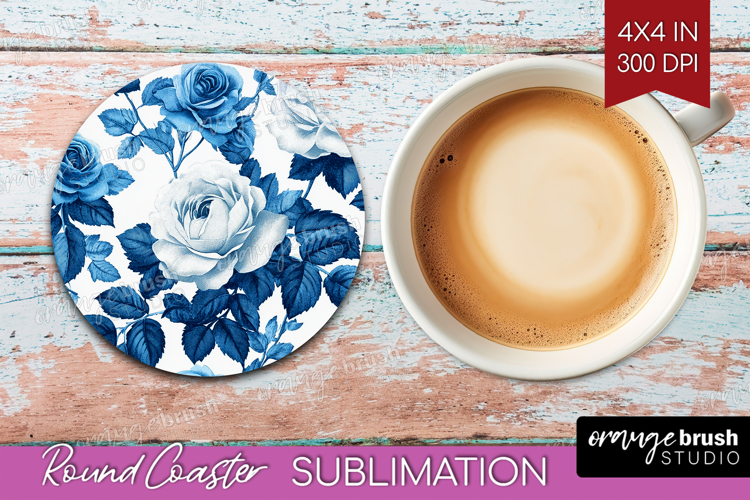 Blue Toile Flowers Round Coaster - Chinoiserie Coaster PNG