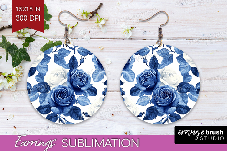 Blue Toile Flowers Round Earrings - Chinoiserie PNG