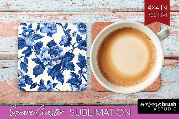 Blue Toile Flowers Square Coaster - Chinoiserie Coaster PNG