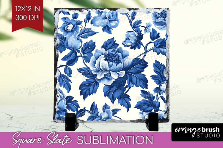 Blue Toile Flowers Slate PNG - Chinoiserie Square Slate