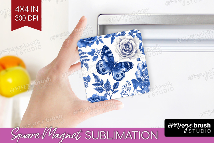 Blue Toile Flowers Magnet Sublimation - Chinoiserie Square