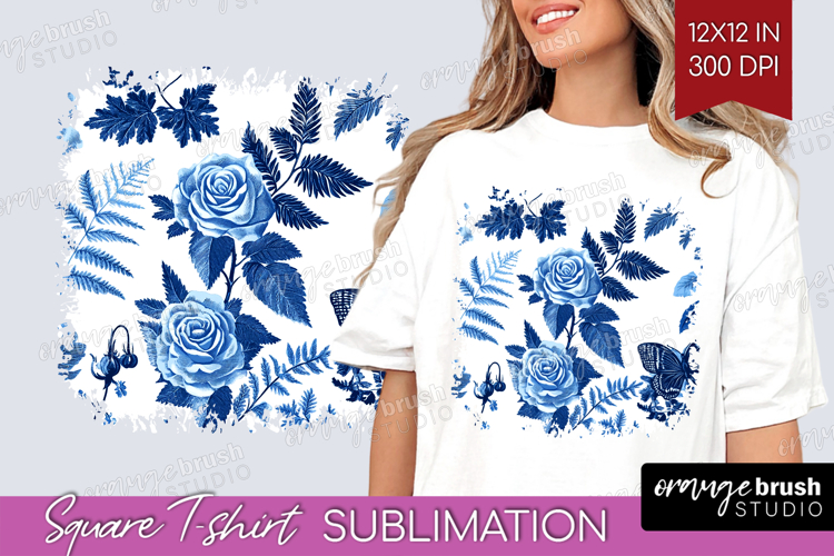 Blue Toile Flowers Square Tshirt Background - Chinoiserie