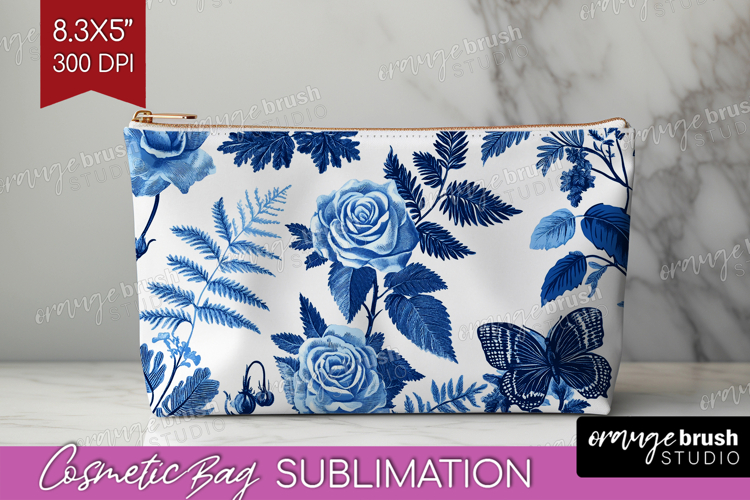 Blue Toile Flowers Cosmetic Bag - Chinoiserie Makeup Bag PNG