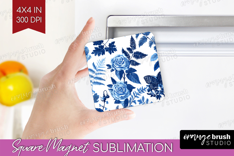 Blue Toile Flowers Magnet Sublimation - Chinoiserie Square
