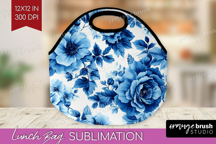 Blue Toile Flowers Lunch Bag - Chinoiserie Lunch Bug PNG