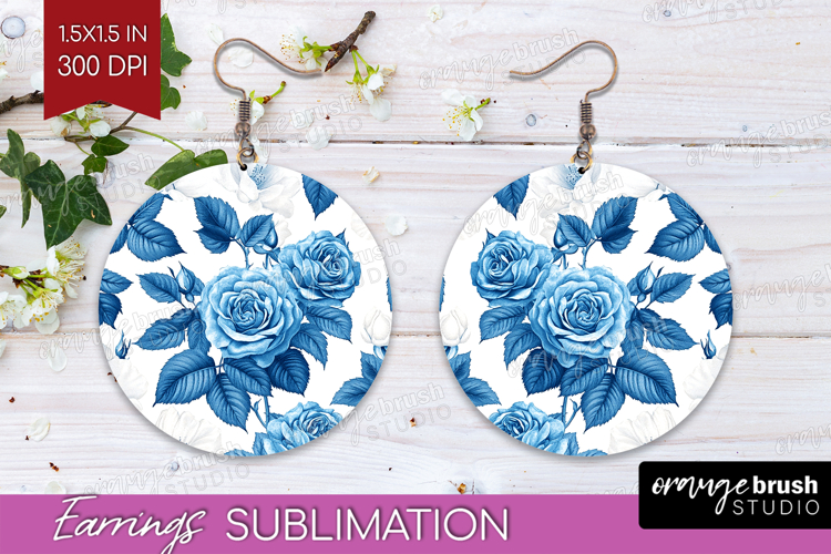 Blue Toile Flowers Round Earrings - Chinoiserie PNG