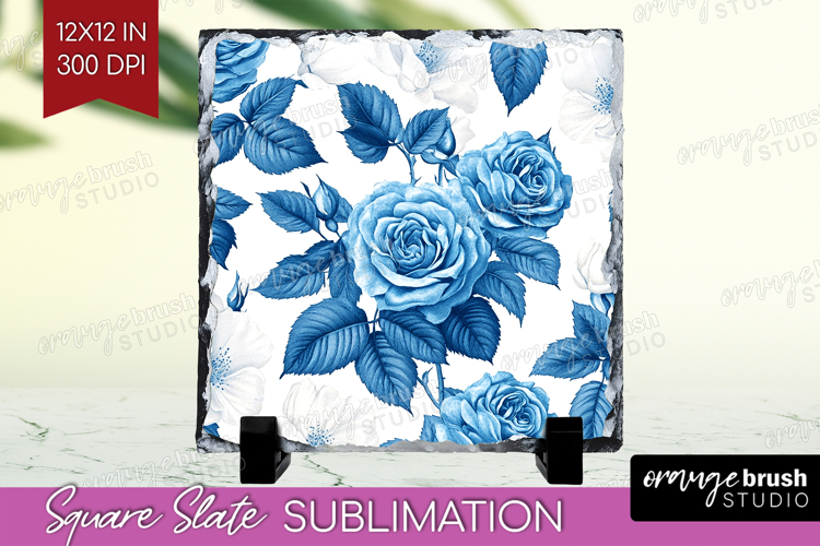 Blue Toile Flowers Slate PNG - Chinoiserie Square Slate