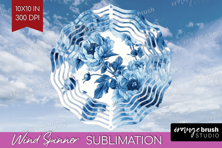 Blue Toile Flowers Wind Spinner Sublimation PNG - Round
