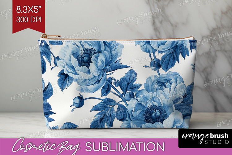 Blue Toile Flowers Cosmetic Bag - Chinoiserie Makeup Bag PNG