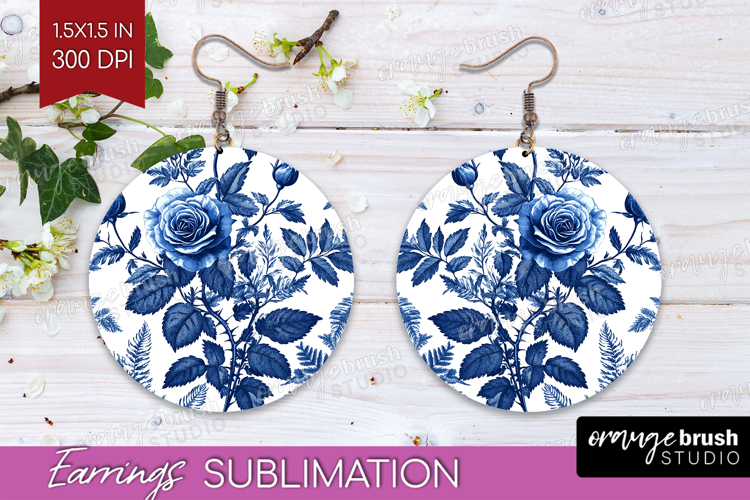 Blue Toile Flowers Round Earrings - Chinoiserie PNG