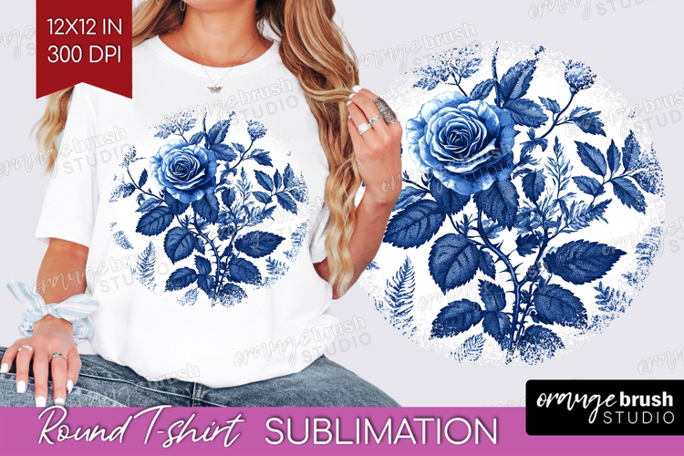 Blue Toile Flowers Round Tshirt Background - Chinoiserie PNG