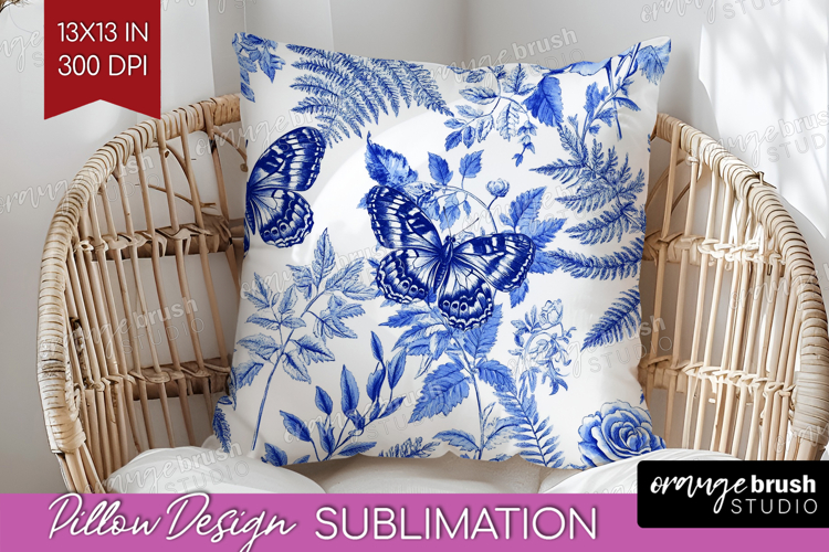 Blue Toile Flowers Pillow Sublimation - Chinoiserie Pillow