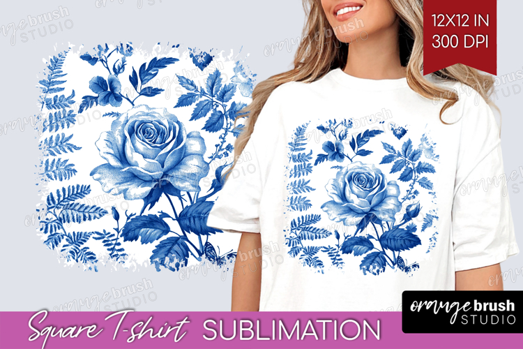 Blue Toile Flowers Square Tshirt Background - Chinoiserie