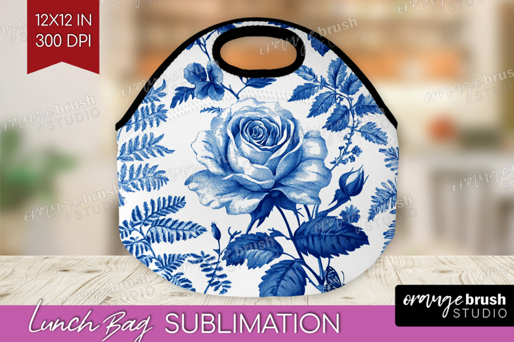 Blue Toile Flowers Lunch Bag - Chinoiserie Lunch Bug PNG
