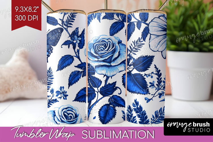 Blue Toile Flowers Tumbler Wrap - Chinoiserie Tumbler PNG
