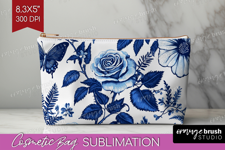 Blue Toile Flowers Cosmetic Bag - Chinoiserie Makeup Bag PNG