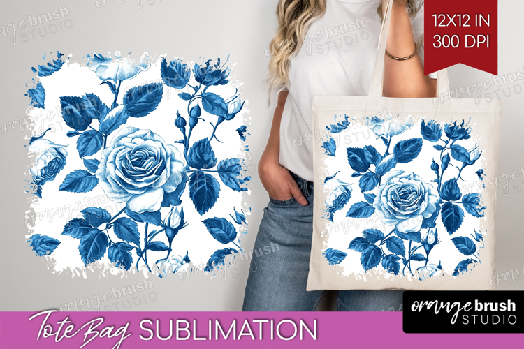 Blue Toile Flowers Tote Bag - Chinoiserie Tote Bag PNG