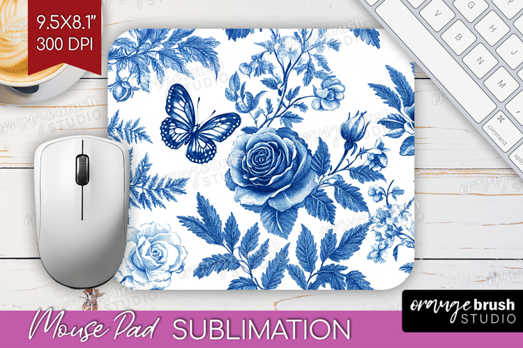 Blue Toile Flowers Mouse Pad Sublimation - Chinoiserie PNG