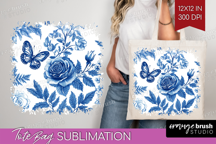 Blue Toile Flowers Tote Bag - Chinoiserie Tote Bag PNG