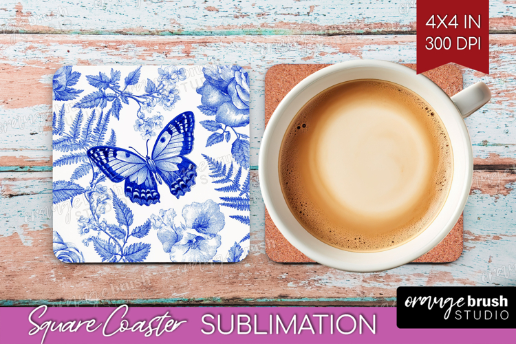 Blue Toile Flowers Square Coaster - Chinoiserie Coaster PNG
