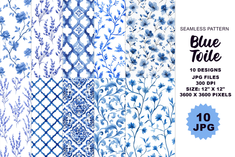 Blue Toile Seamless Pattern Watercolor Graphic 10 JPG