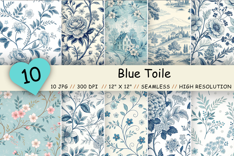 Blue Toile Seamless Digital Paper, French Floral Shabby Chic