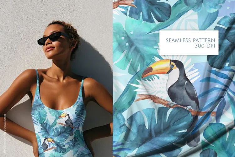 Blue Tropical Toucan Watercolor Seamless Pattern