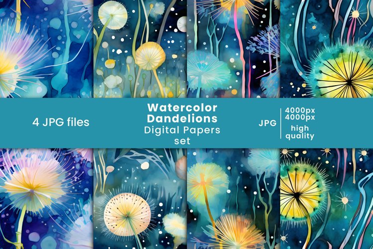 blue watercolor dandelions digital paper and floral patterns