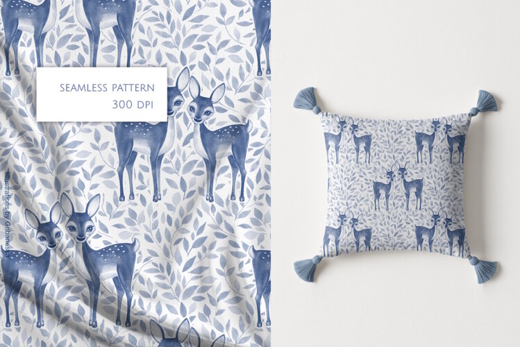 Blue Watercolor Deer Seamless Pattern example image 1