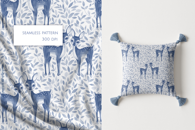 Blue Watercolor Deer Seamless Pattern