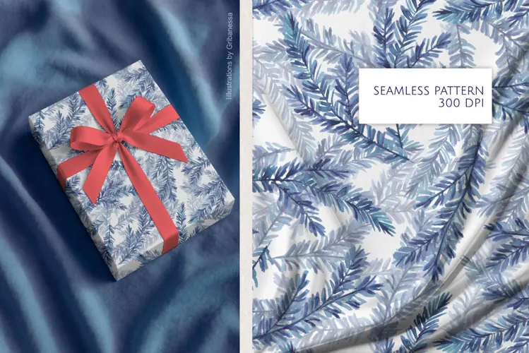 Blue Watercolor Evergreen Pattern