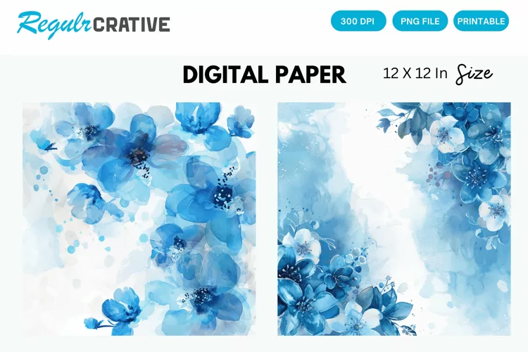 Blue Watercolor Floral Digital Paper, Blue Floral Background