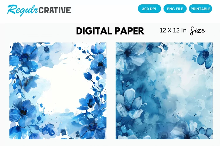 Blue Watercolor Floral Digital Paper, Blue Floral Background