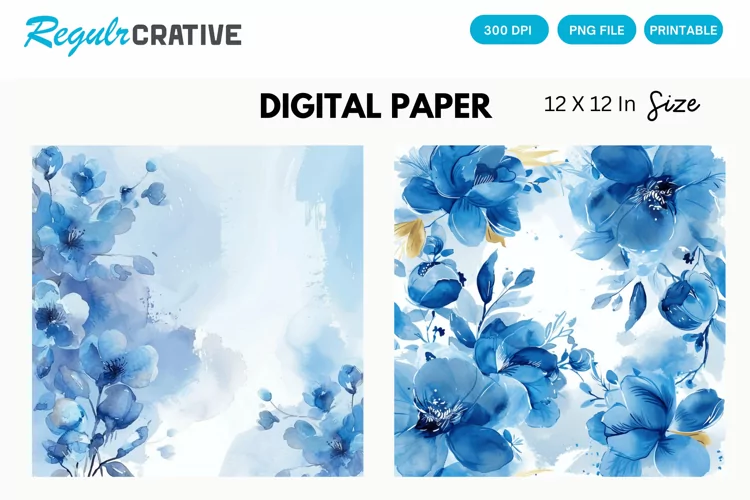 Blue Watercolor Floral Digital Paper, Blue Floral Background