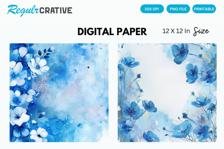 Blue Watercolor Floral Digital Paper, Blue Floral Background
