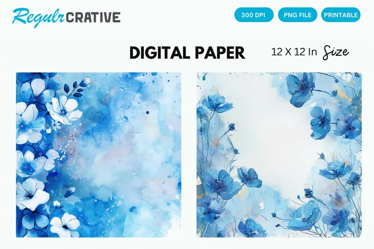 Blue Watercolor Floral Digital Paper, Blue Floral Background